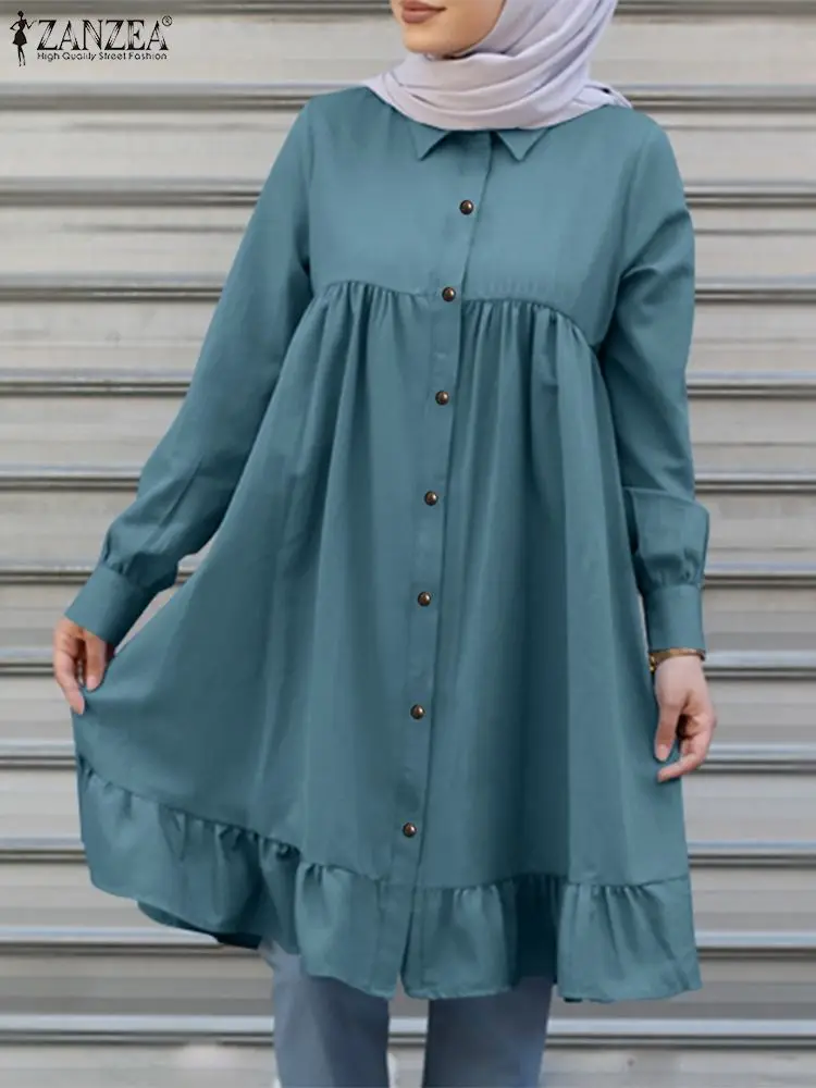 Moda Elegante Solto Oversized Superior Zanzea Muçulmano Primavera Sólida Camisa Feminina Manga Comprida Lapela Plissado Kleid Islâmico Abayas Blusa