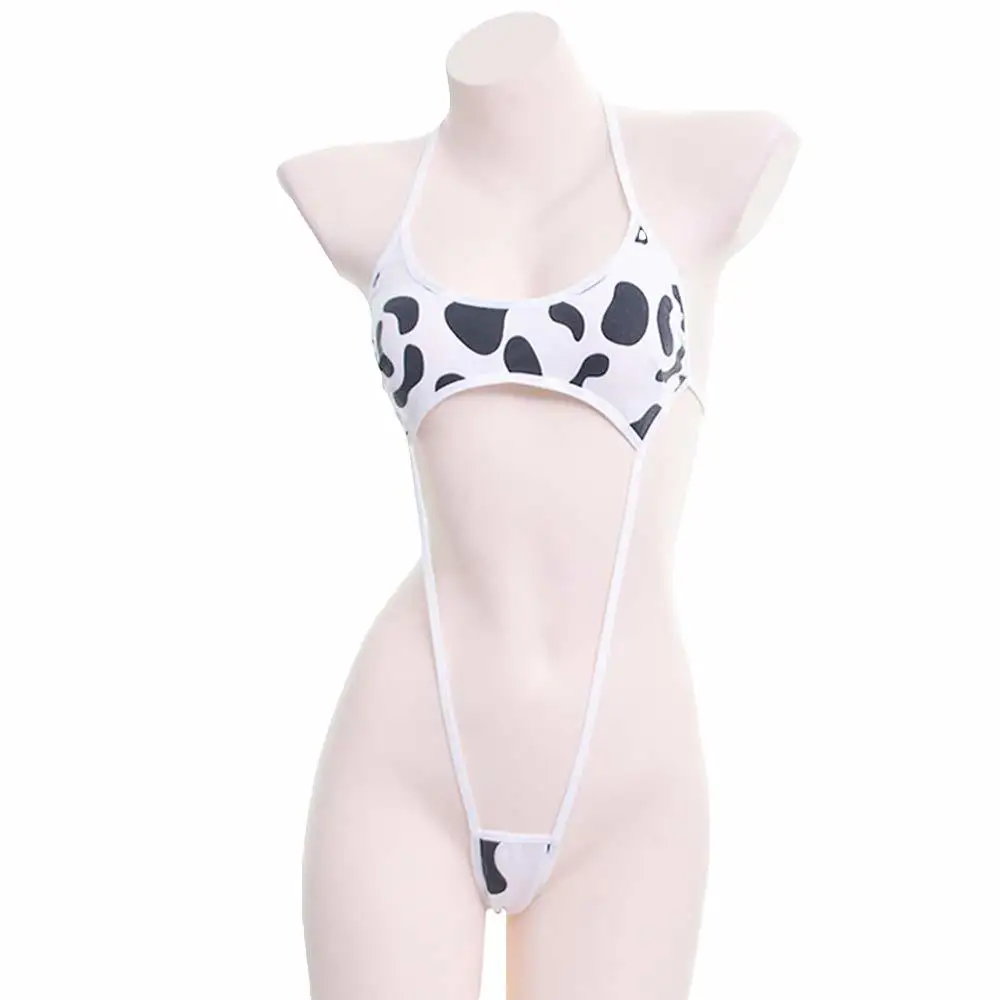 Kawaii Black White Cow Print Mini Backless One Piece Micro Bikini Jumpsuit Erotic Sex Costumes Bodysuit for Women Sexy Lingerie |