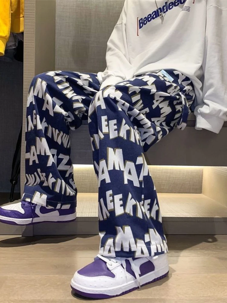 

High Street Letter Pants Men's Trendy Autumn Winter Straight Unisex Large Size American Hip-Hop Full Printed Casual Trousers