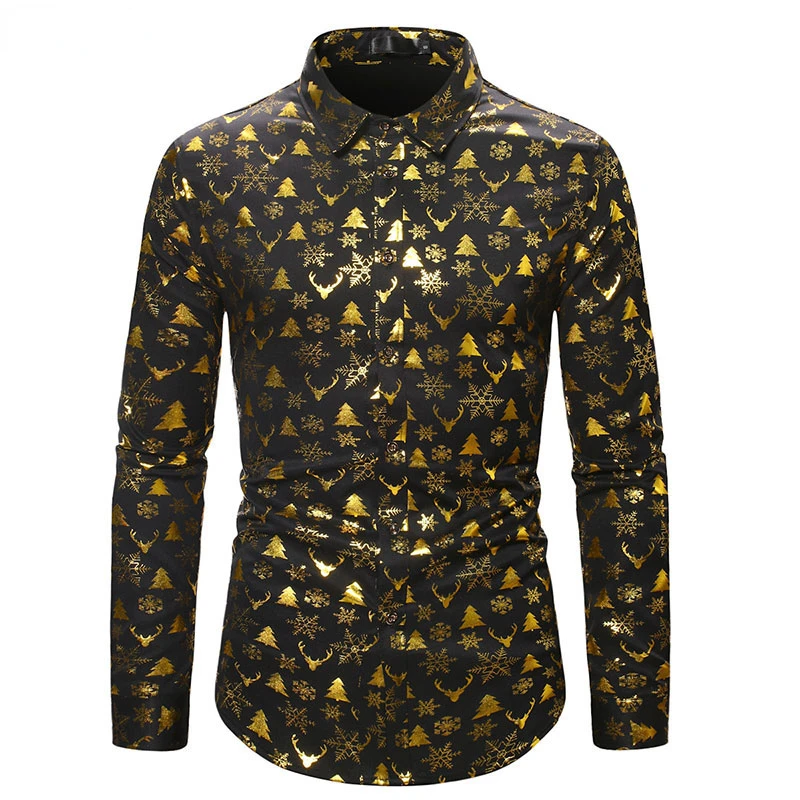 

Shiny Gold Tree Elk Print Christmas Shirt Men Brand Long Sleeve Button Down Men Dress Shirts Xmas Party Prom