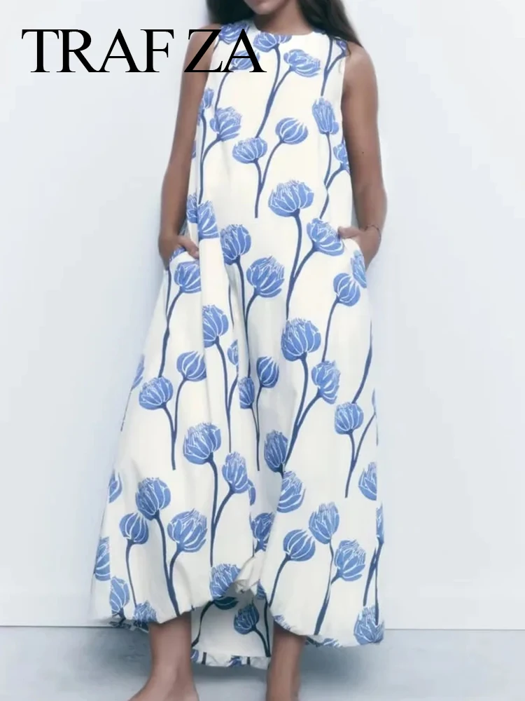 

TRAF ZA Oversized Sleeveless Front Short Back Long and Ankle Women's Dress Summer Casual Loose Blue White Print Ladies Dress