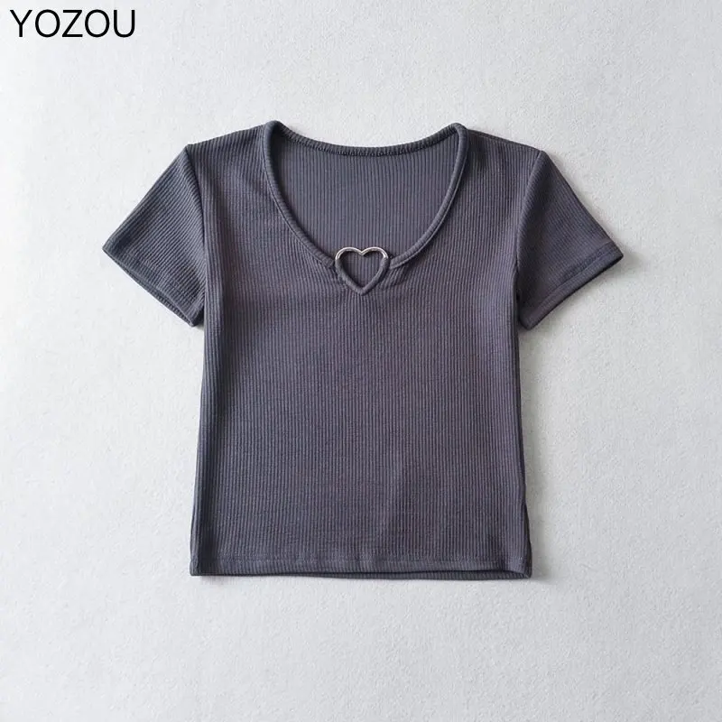 

YOZOU 2022 летний однотонный короткий топ с коротким рукавом, Детская футболка, черная, белая, синяя, Y2k, кокетка в форме сердца, базовая Повседнев...