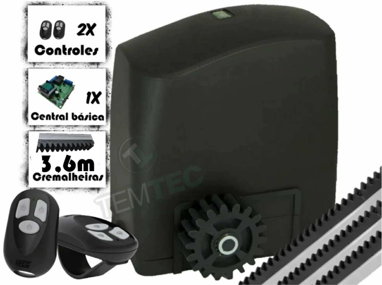 

KIT MOTOR PORTÃO DESLIZANTE RCG PL 300Kg 1/5CV 127V or 220V + 2 CONTROLES + 3,6M DE CREMALHEIRAS