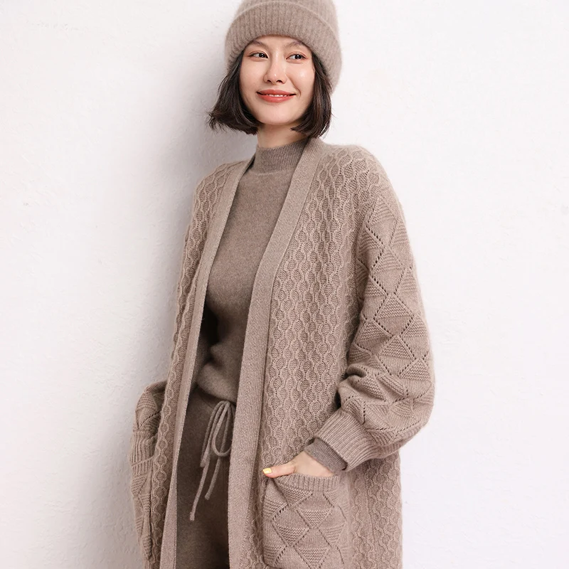 

Hot Sale Autumn Winter New 100% Cashmere Cardigan Sweater Women's Solid Color Thicking Soft Fashion Long Coat Female Long Sl