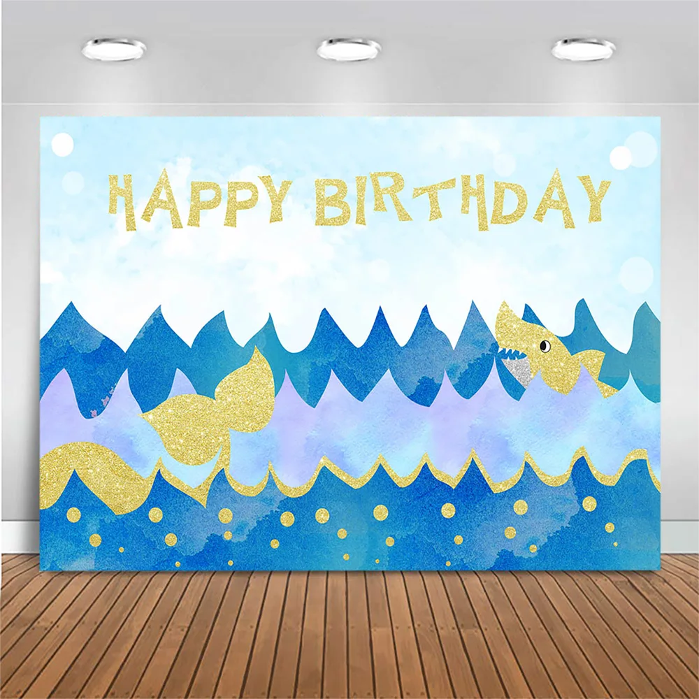 

7x5FT Personalized Gold Blue Under Sea Shark Happy Birthday Bash Custom Photo Outdoor Washable Wrinkle Free Polyester Polycotton