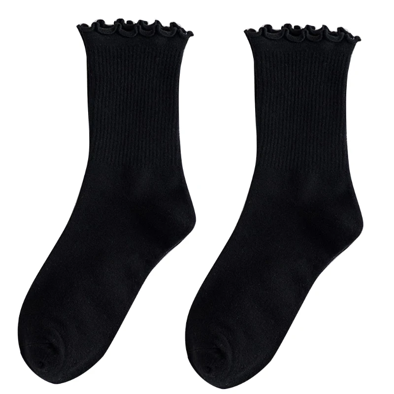

Women Autumn Ribbed Cotton Crew Socks Solid Candy Color Agaric Ruffled Hosiery