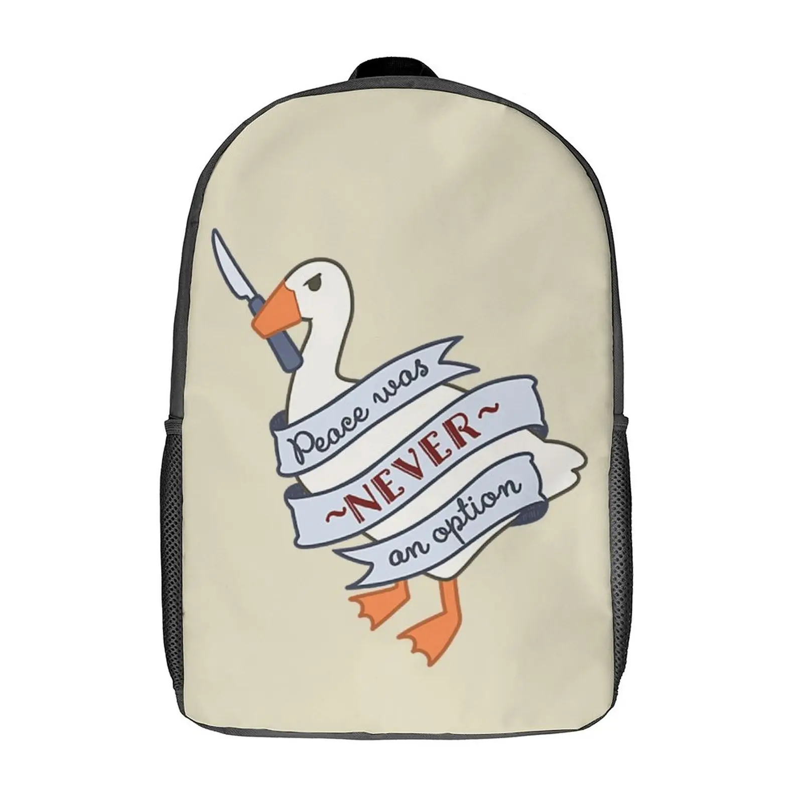 

Peace Was Never An Option Backpack Untitled Goose Game Humor Trekking Backpacks Men High Quality Big School Bags Modern Rucksack