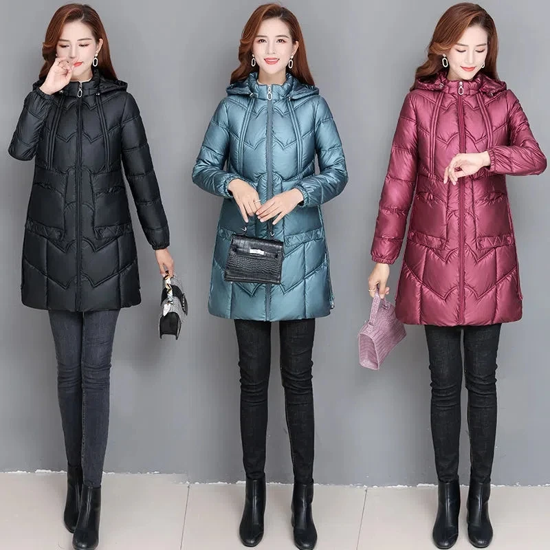 Parkas Women Large Size Long Disposable Shiny Down Cotton Jacket Female 2022 Autumn Winter New Hooded Warm Slim Padded Coat