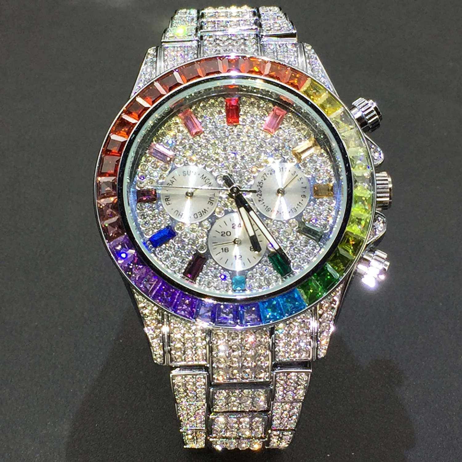 

Часы наручные мужские кварцевые из нержавеющей стали, модные с рисунком радужного муассанита и платины, светящиеся в трех глазах