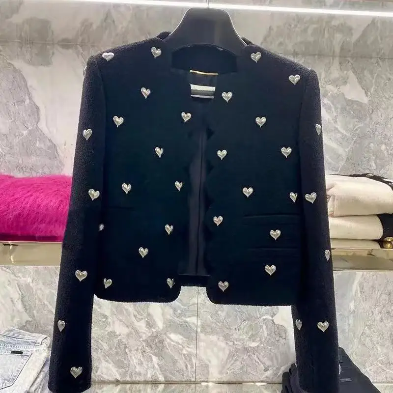 

JSXDHK Runway Luxury Spring Tweed Jacket Coat Fashion Women Beading Love Peach Woolen Blends Black Ladies Short Cardigan Top