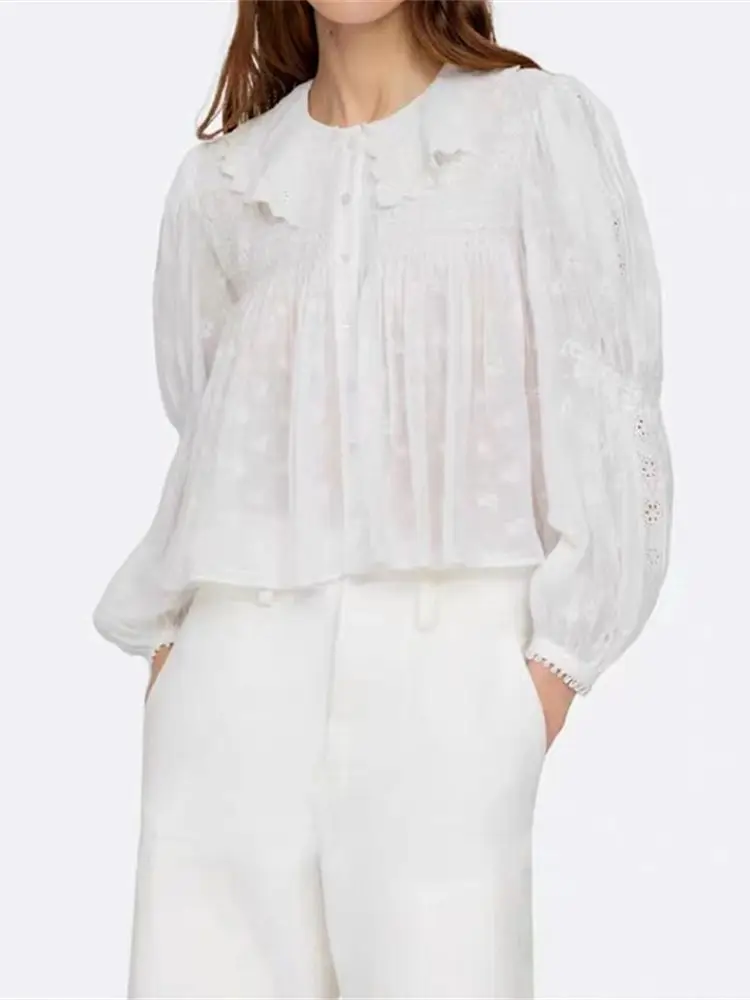 

2023 Autumn White Women Shirt Embroidery Floral Pleated Long Lantern Sleeve Chemise Female Blouse