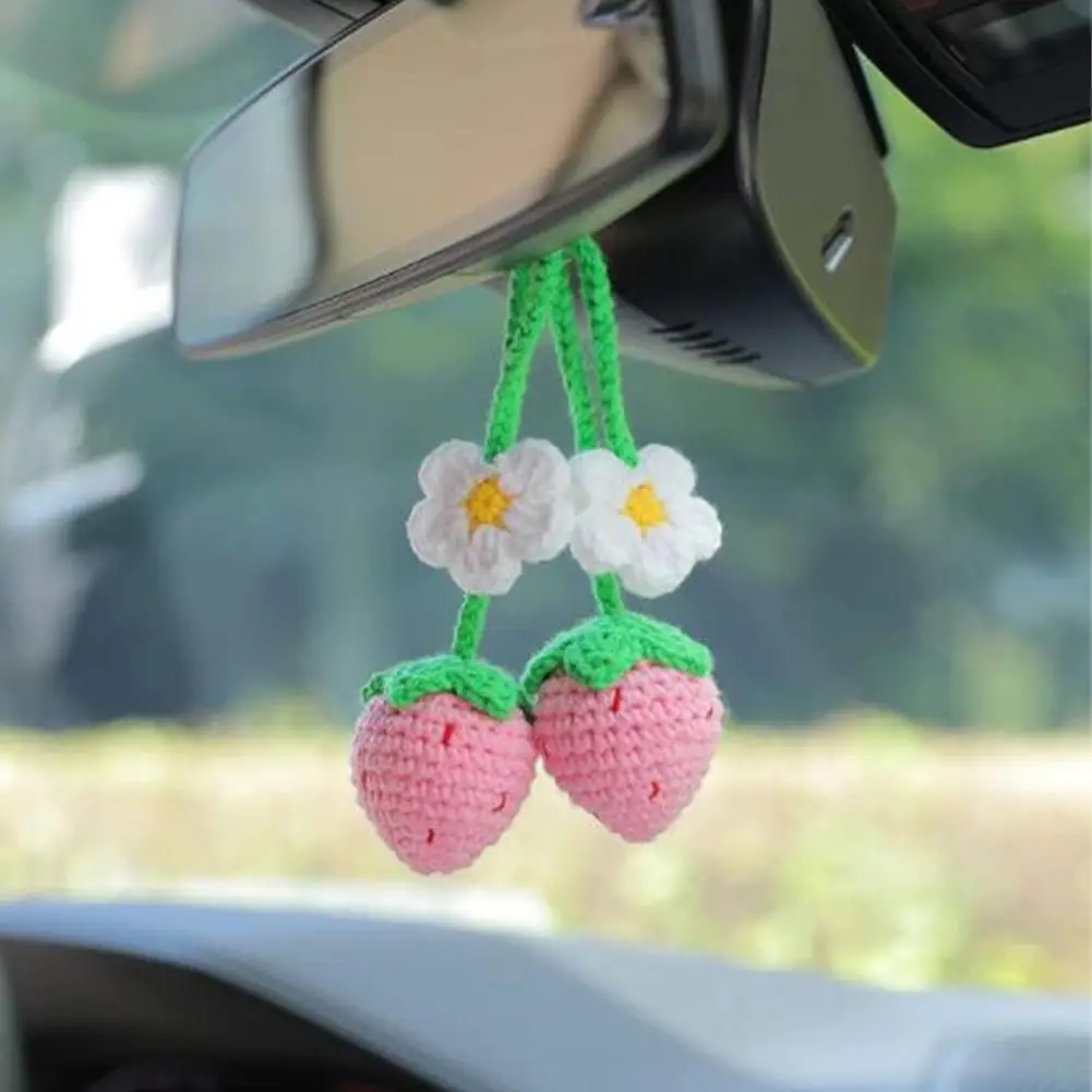 

1/2PCS Cute Strawberry Flower Car Accessories Rear View Mirror Decoration Handmade Strawberry Pendant Bag Auto Interior Decor