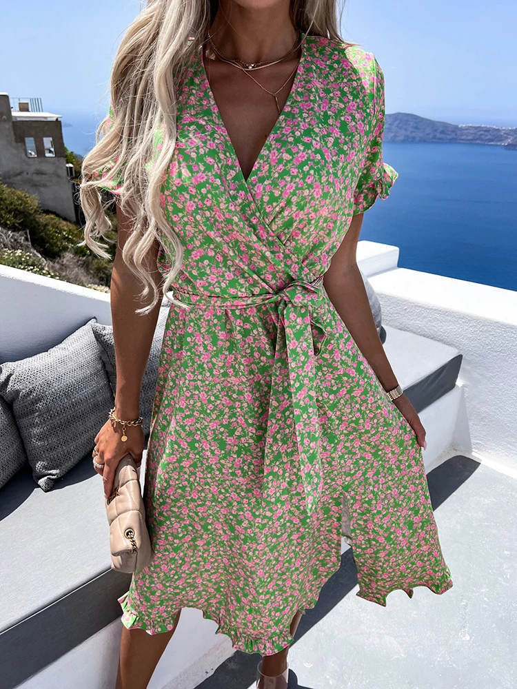 

2022 Summer Short Sleeve Beach Dress Fashion Flower Print Patchwork Ruffle Dress Elegant Women's V-Neck Split Sexy Dresses Robe