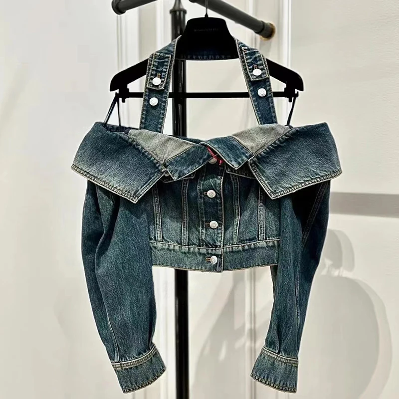 

Retro One-shoulder Halter Neck Denim Jacket Women's Autumn New Niche Design High Waist Slimming Top