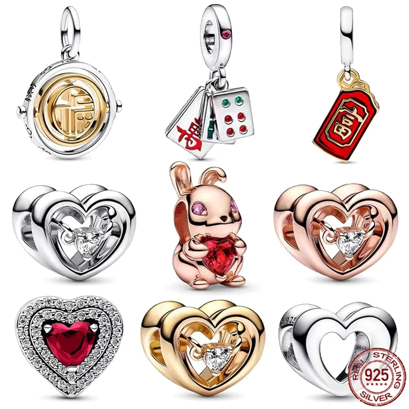 

Женский серебряный кролик, новый год, красный конверт в форме сердца, бусины, подходят для оригинального браслета Pandora, изысканный подарок «...