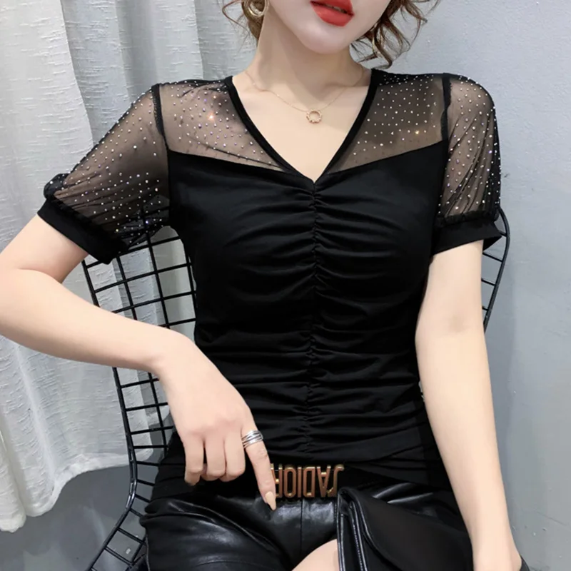 

New 2022 Summer Short Sleeved Top Female Fashion Casual V-Neck Patchwork Mesh T-Shirt M-3XL Plus Size Black Diamond Blusas