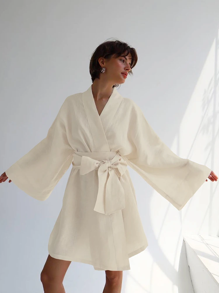 

Hiloc Flare Long Sleeve Cotton Robe Women's Kimono Night Dress Women Robes With Sashes Solid Sleepwear Women's Dressing Gown