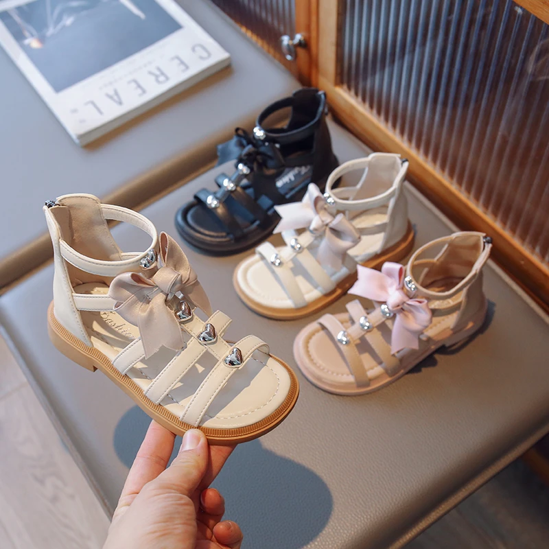 

Children's High Top Sandals Versatile Silver Love Decorative Bowknot Sweet Princess Children's Roman Shoes Girls Summer New 2023