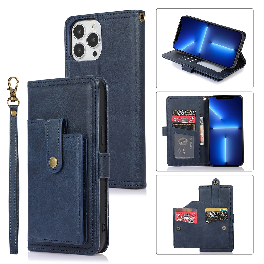 

Luxury Card-type Leather Case for IPhone13 12 11 Pro Max 7 8 Plus X XS Max XR Lens Protection with Stand and Lanyard Coque Funda