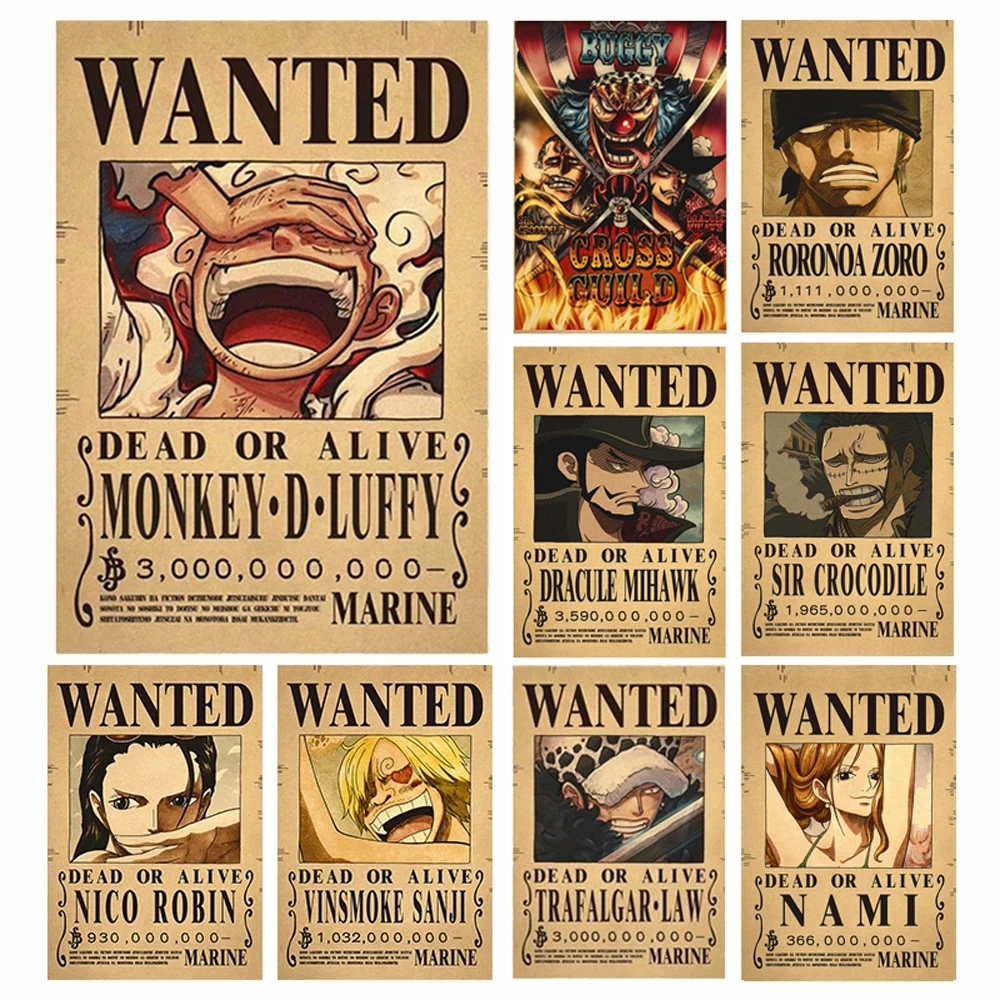Anime One Piece Straw Hat Pirates Wanted Poster Stickers Vintage Painting Kid Bed Room Living Wall Decorate Kawaii Adult Men Toy