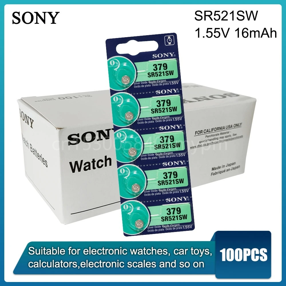 

100PCS Sony 379 SR521SW 1.55V Silver Oxide Battery AG0 LR69 D379 SR63 V379 for Watch Toys Remote Button Cell Coin MADE IN JAPAN