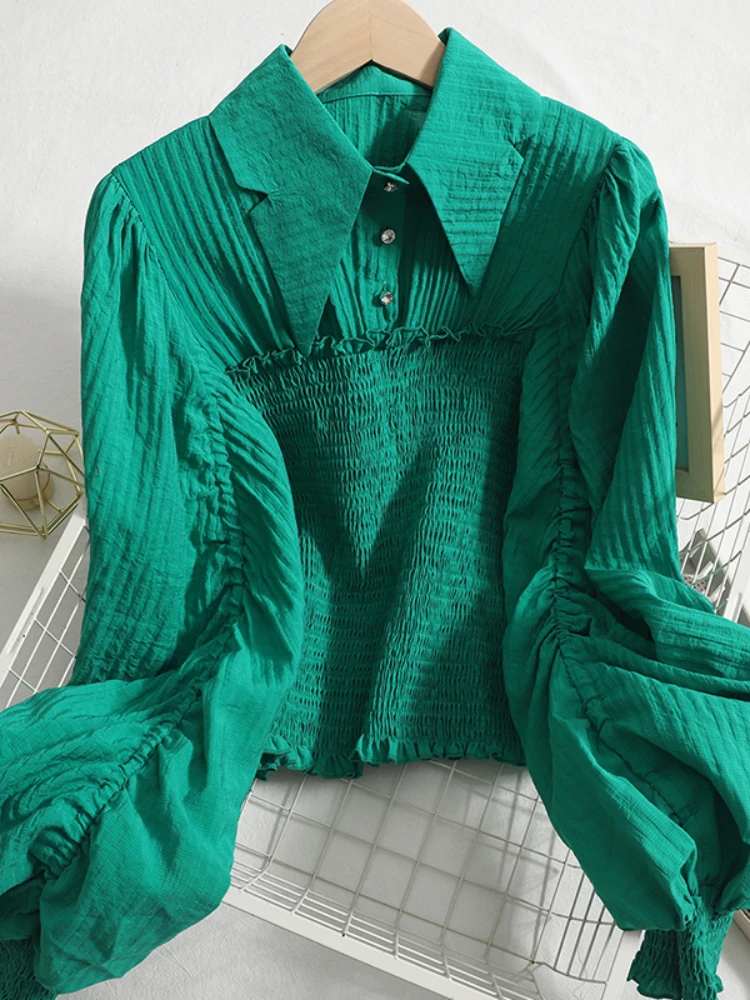 

Женская короткая рубашка с рукавами-фонариками, облегающая блузка с лацканами и рюшами, эластичные городские Короткие топы на осень