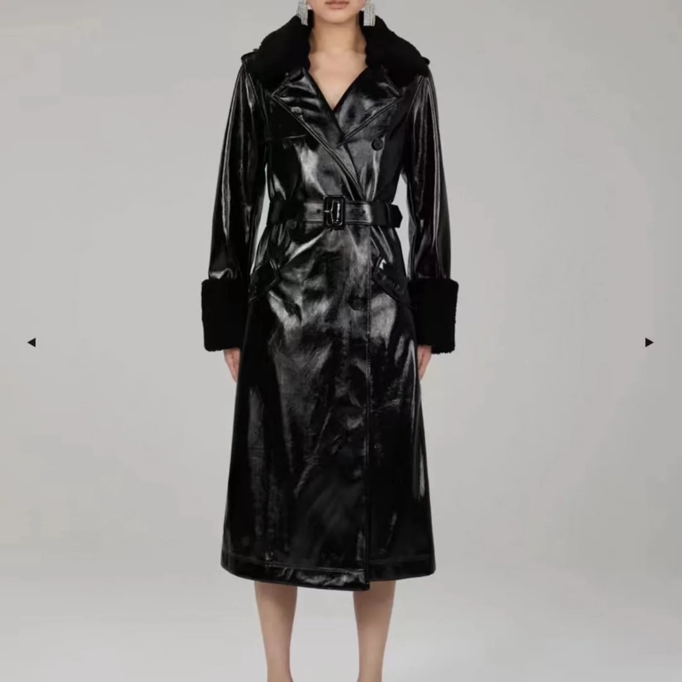 Luxury Style Faux Leather Women Jacket 2022 Autumn Winter New Arrival Top Quality Black Long Sleeve PU Coat with Fur Collar