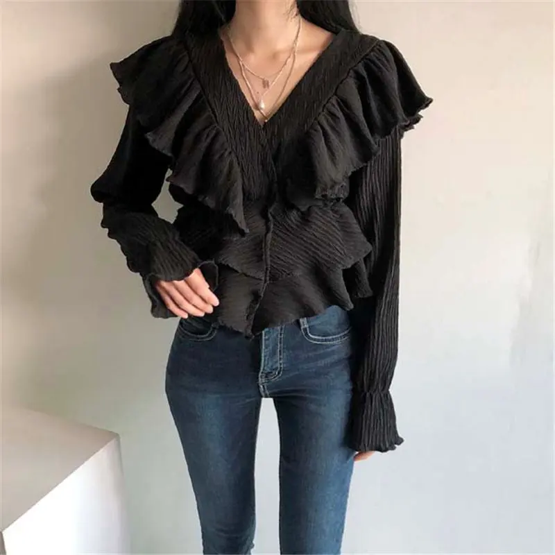 

Ruffled Patchwork High Waist Fashion Flared Sleeve Top Korean Vintage Fashion Gentle Slim Women's V-neck 2021 Pleated T-shirts