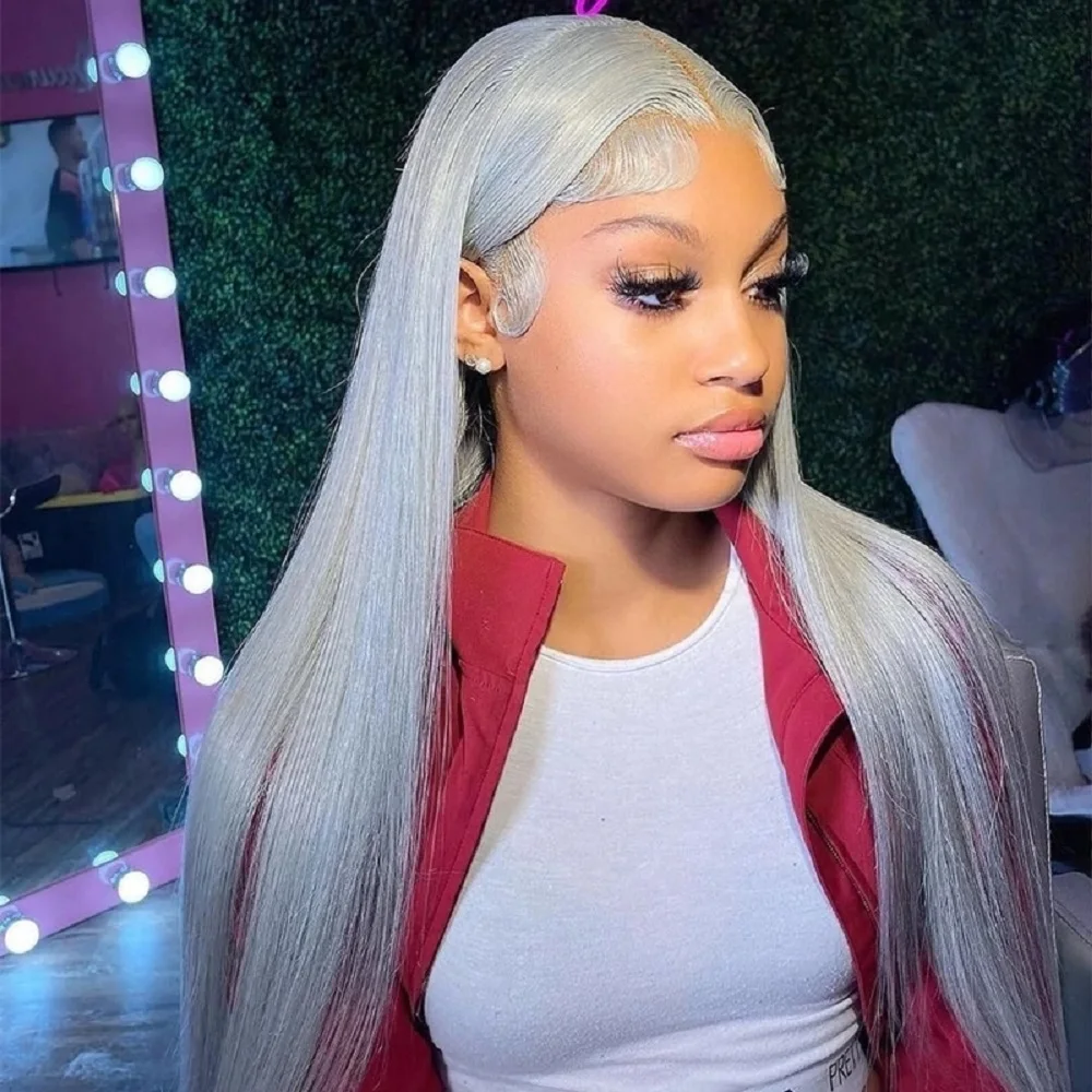 

Human Hair Lace Frontal Wig 13x6 Straight Hair Silver Grey Wig 100% Human Hair Pre Plucked 13x4 Transparent Lace Wigs Human Hair