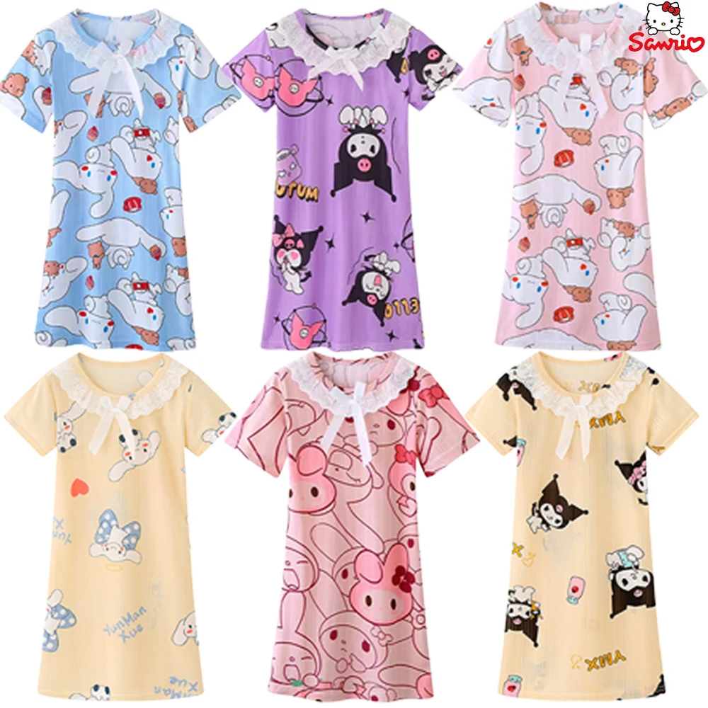 

Anime Sanrio Nightdress Kawaii Kuromi Cinnamoroll My Melody Children Cartoon Summer Pajamas Skirt Short Sleeve Home Clothes Gift