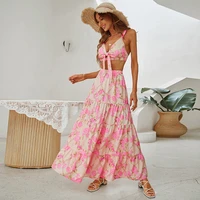 europe and the united states 2022 spring and summer new womens sleeveless backless skirt slim pink printed suspender dress