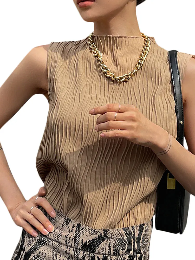 

Casual Ribbed Sleeveless O-neck Women Tank Tops Skinny Y2K Cropped Pleated Basic Camis Female 2023 Summer Lady Knitted Vests