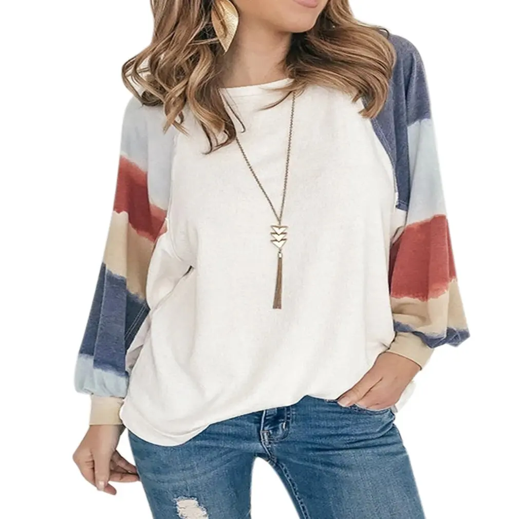 

Egood Hot Style Women's Summer Print Stitching Long Round Neck Watercolor Balloon Sleeves Bubble Sleeve Long-sleeved Top