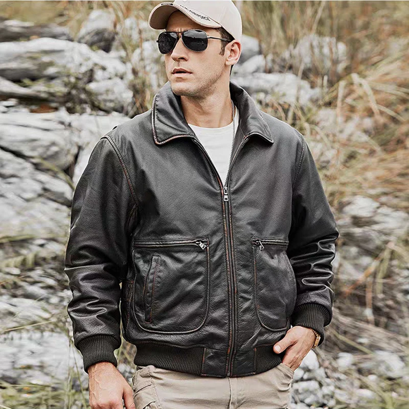 Куртка-бомбер мужская Однослойная из натуральной кожи на весну-осень