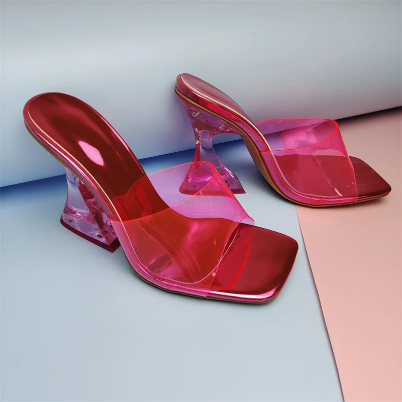 

Transparent crystal heel slippers women's summer new fashion wine glass heel square toe fashion sandals Large size35-42