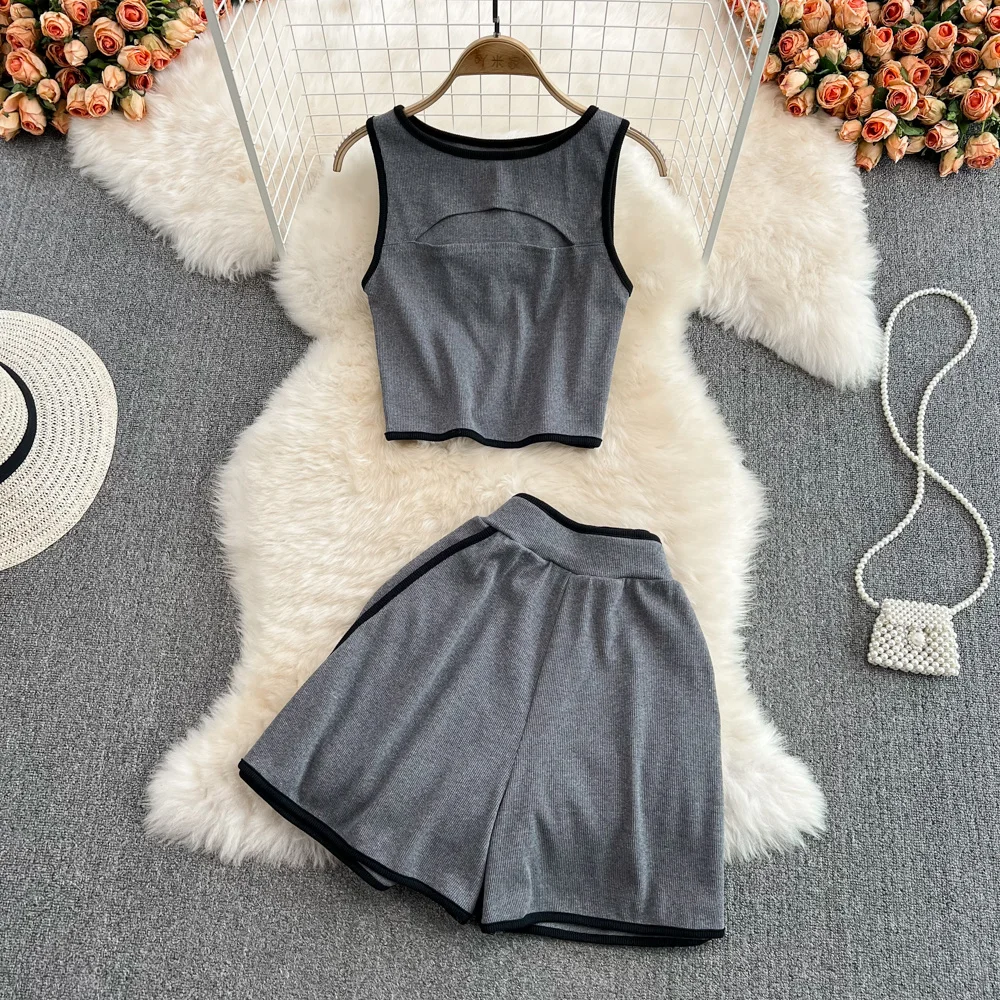 

Sports Fashion Shorts Suit Women Hollow Out Patchwork Sleeveless Top Girl Running Two-piece Shorts Set High Waist Home Wide Leg