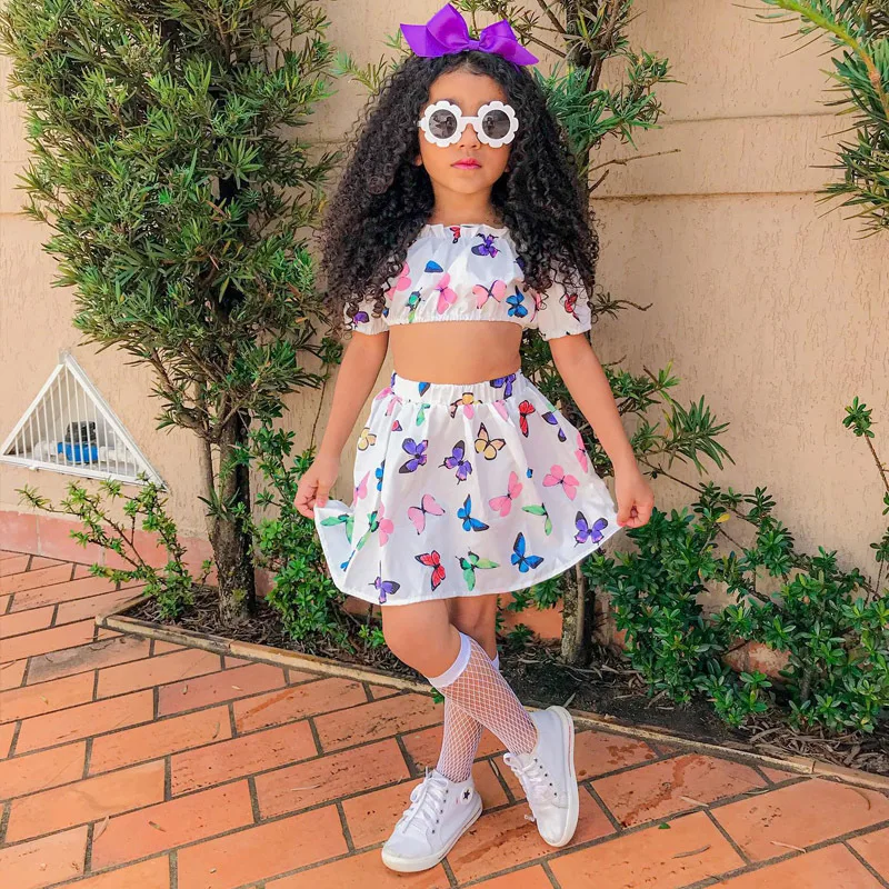 

2023 Summer Girls Dress Children's Butterfly Printe Short-Sleeved Top A-Line Skirt 2 Pcs Set Fashion Kids Tracksuits for 1-7Y
