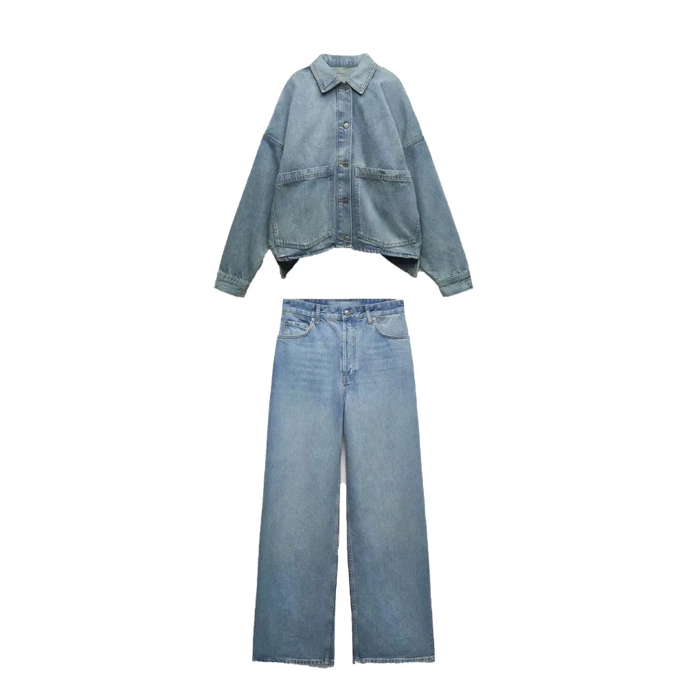 

Zach AiIsa, Высококачественная Новая женская модная винтажная джинсовая рубашка с отложным воротником и длинными рукавами + прямые джинсы с высокой талией и широкими штанинами