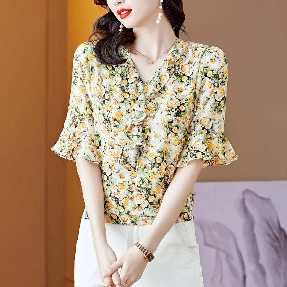 

New 2022 Summer Fashion Floral Print Blouse Women Elegant Ruffles Pullover Chiffon Shirts Vintage Casual Short Sleeve Top Women