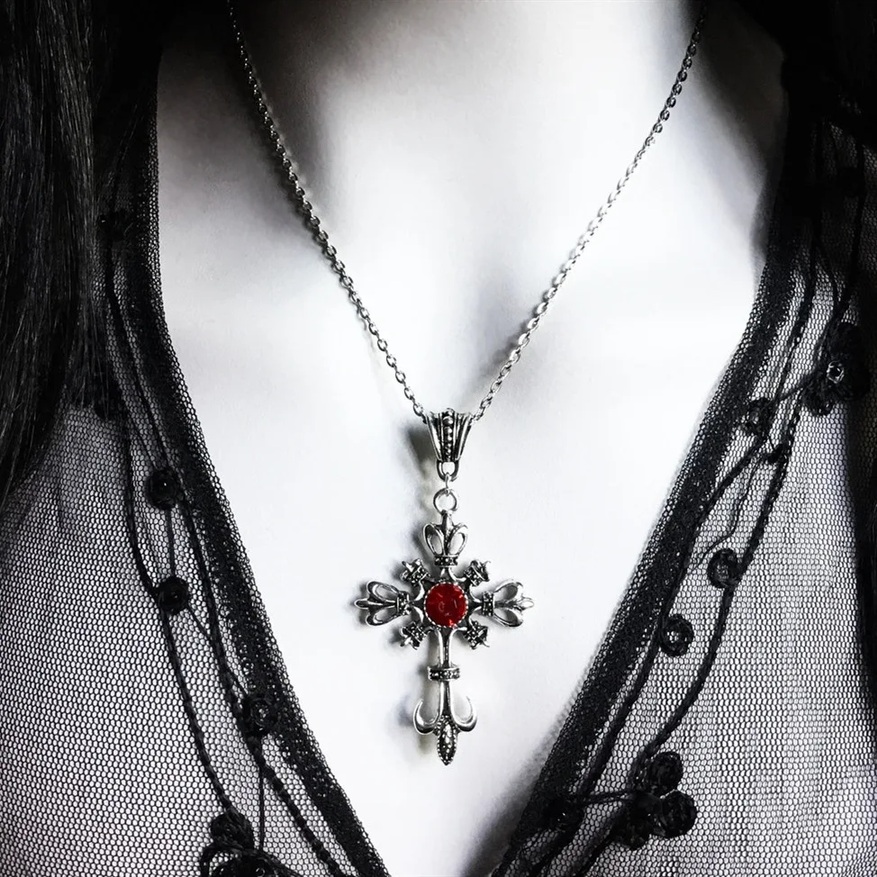 

Gothic Vintage Cross Pendant Necklace For Women Fashion Witch Jewelry Accessories Gift Vampire Red Zircon Cross Charm Choker