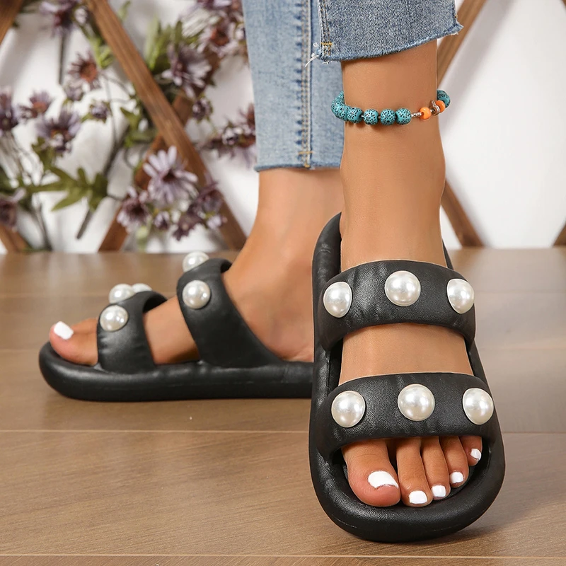 

Women Summer Soft Bottom Slippers Big Pearl Decoration Sandals Outdoor Non-Slip Slides Flip Flop Casual Shoes Female 35-40