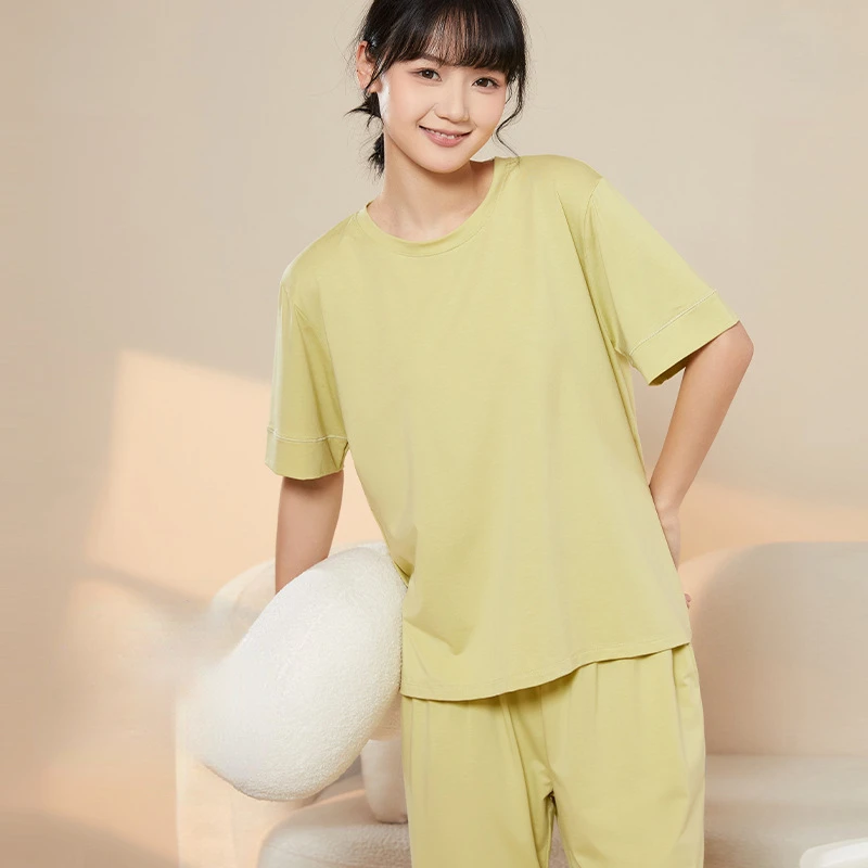 Pajamas Women Summer Solid Color Cool Feeling Pure Cotton Short-sleeved Trousers Suit Soft and Casual Sleepwear with Round Neck