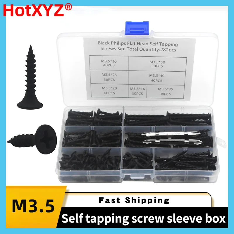 282PCS M3.5 Wood Screws Counter Sunk Flat Head Tapping Screws with Cross Recessed Carbon Steel Philips Screws Drywall Screw