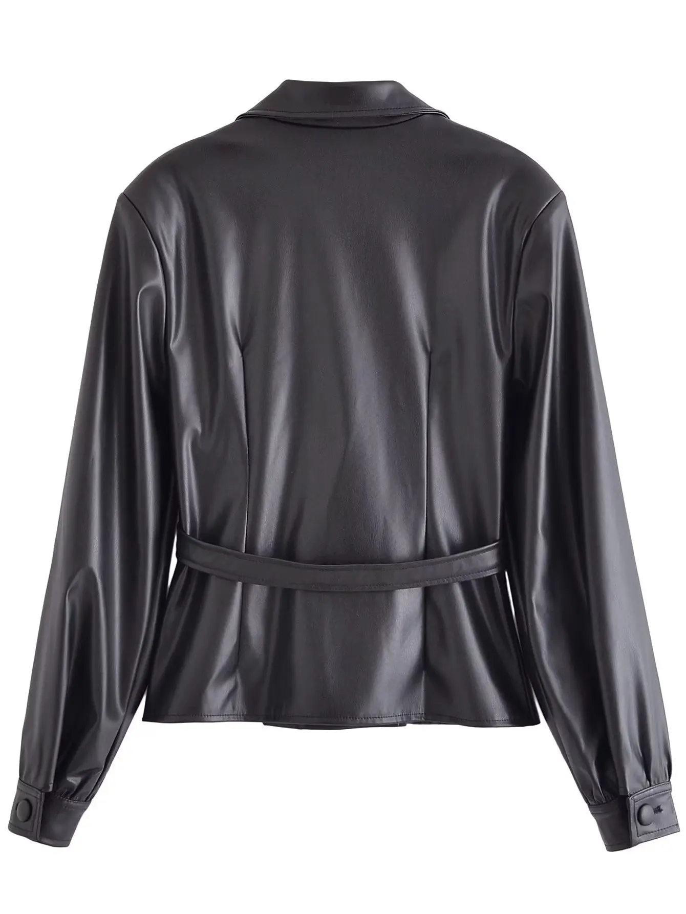 Women Faux PU Leather Jacket Metal Single Button Vintage Long Sleeve Blazers Pockets Female Black Suit Coat 2022 New Women Coat