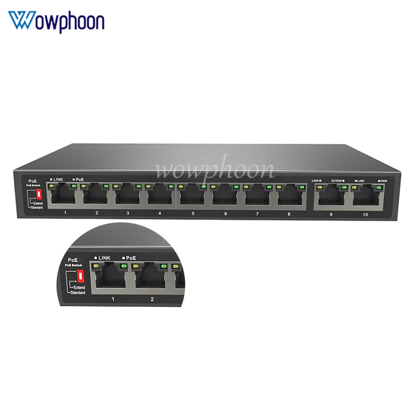 10-Port 10/100Mbps unmanaged PoE Switch unmanaged 8 PoE ports and 2 RJ45 ports 250M transmission 110W power supply