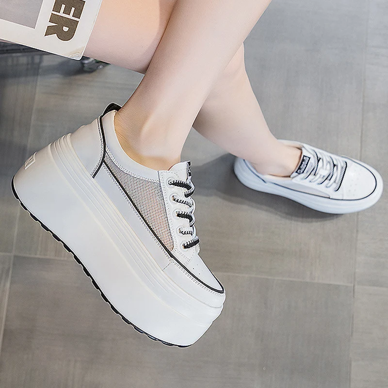 8cm Hollow Air Mesh Genuine Leather 2023 New Fashion Wedge Platform Breathable Concise Vulcanized Summer Ladies Chunky Sneakers