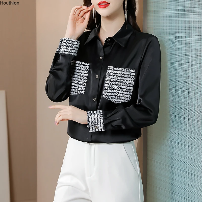

Summer Autumn New Women's Blouse Polo Shirt Long Sleeve Splicing Printing Satin Casual Fashion Loose Top Houthion