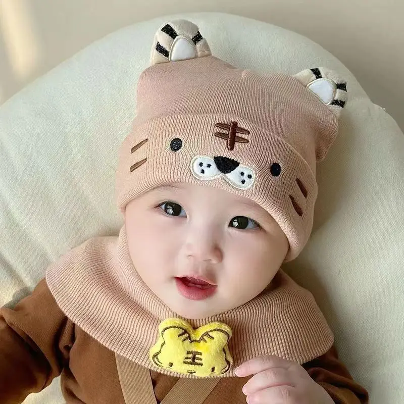 

Newborn Baby Autumn Winter Hat Warm Scarf Cute Cartoon Tiger Neck Hat Baby Girl and boy 0-12 Month Color Children Hat