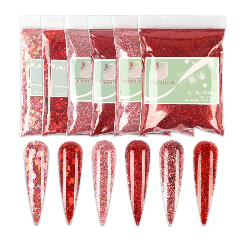 300g Holographic Red Nail Glitter Powder Set 6 Bags Pigment for Professional Nail Art Decoration Accessories Supplies JORNAILDAN