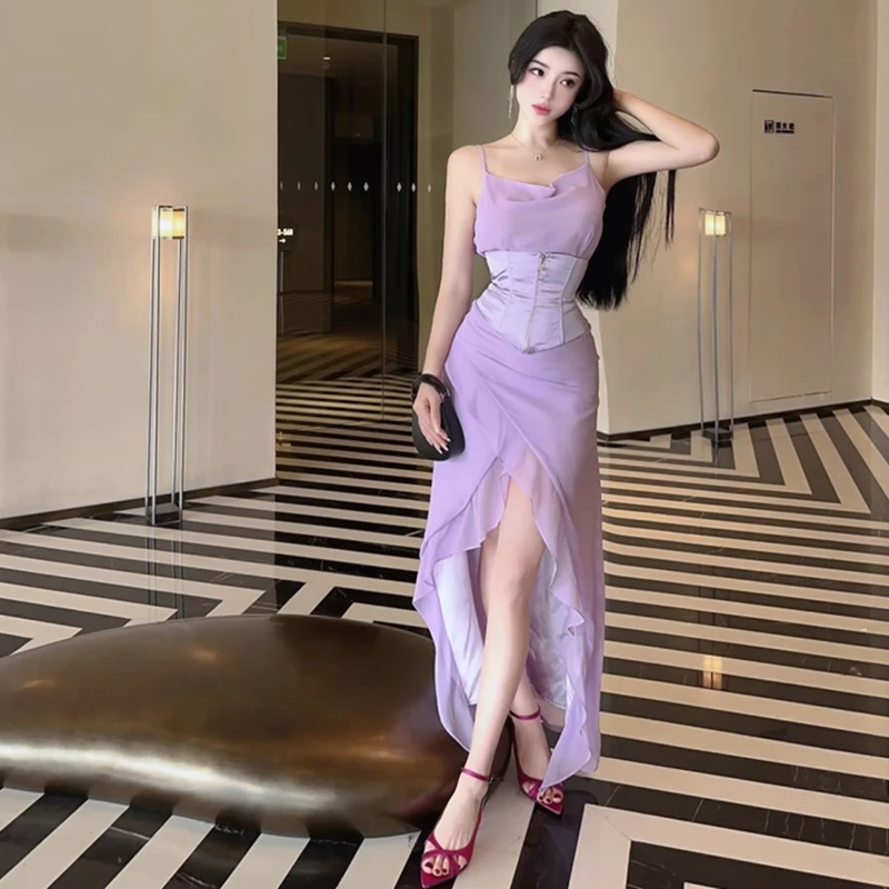 

Великолепное женское фиолетовое платье на тонких бретельках, женское роскошное шифоновое платье с юбкой-годе и поясом, элегантное